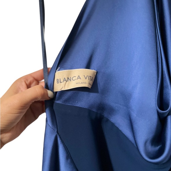 Blanca Vita Satin Blue Halter Maxi Formal Dress - Picture 4 of 8